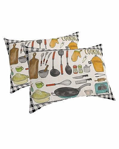 Edwiinsa Kitchen Cooking Pillow Covers Standard Size Set of 2 20x26 Bed Pillow, Farmhouse Rutsic Black Plaid Burlap Plush Soft Comfort for Hair/Skin Cooling Pillowcases with Envelop Closure