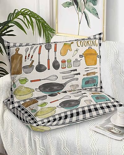 Edwiinsa Kitchen Cooking Pillow Covers Standard Size Set of 2 20x26 Bed Pillow, Farmhouse Rutsic Black Plaid Burlap Plush Soft Comfort for Hair/Skin Cooling Pillowcases with Envelop Closure