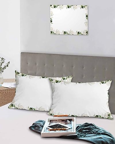 Edwiinsa Green Tropical Plant Pillow Covers Standard Size Set of 2 20x26 Bed Pillow, Summer Watercolor Teal Leaves Plush Soft Comfort for Hair/Skin Cooling Pillowcases with Envelop Closure