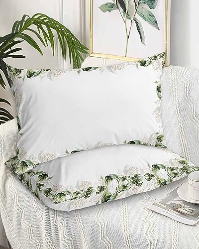 Edwiinsa Green Tropical Plant Pillow Covers Standard Size Set of 2 20x26 Bed Pillow, Summer Watercolor Teal Leaves Plush Soft Comfort for Hair/Skin Cooling Pillowcases with Envelop Closure