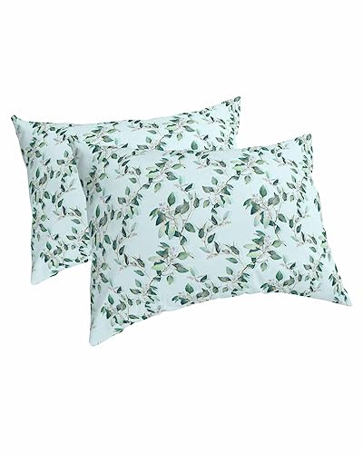 Edwiinsa Summer Tropical Leaves Pillow Covers Standard Size Set of 2 20x26 Bed Pillow, Blue Spring Floral Farmhouse Plush Soft Comfort for Hair/Skin Cooling Pillowcases with Envelop Closure