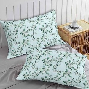 Edwiinsa Summer Tropical Leaves Pillow Covers Standard Size Set of 2 20x26 Bed Pillow, Blue Spring Floral Farmhouse Plush Soft Comfort for Hair/Skin Cooling Pillowcases with Envelop Closure