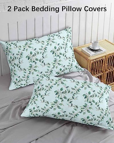 Edwiinsa Summer Tropical Leaves Pillow Covers Standard Size Set of 2 20x26 Bed Pillow, Blue Spring Floral Farmhouse Plush Soft Comfort for Hair/Skin Cooling Pillowcases with Envelop Closure