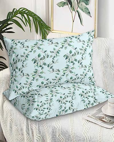 Edwiinsa Summer Tropical Leaves Pillow Covers Standard Size Set of 2 20x26 Bed Pillow, Blue Spring Floral Farmhouse Plush Soft Comfort for Hair/Skin Cooling Pillowcases with Envelop Closure