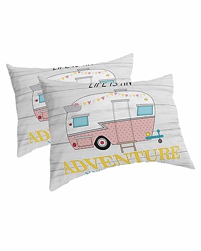 Edwiinsa Summer RV Travel Pillow Covers Standard Size Set of 2 20x26 Bed Pillow, Pink Polka Dots Truck Rustic Wood Plush Soft Comfort for Hair/Skin Cooling Pillowcases with Envelop Closure