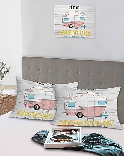 Edwiinsa Summer RV Travel Pillow Covers Standard Size Set of 2 20x26 Bed Pillow, Pink Polka Dots Truck Rustic Wood Plush Soft Comfort for Hair/Skin Cooling Pillowcases with Envelop Closure