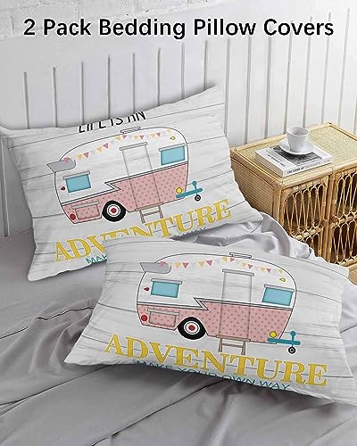 Edwiinsa Summer RV Travel Pillow Covers Standard Size Set of 2 20x26 Bed Pillow, Pink Polka Dots Truck Rustic Wood Plush Soft Comfort for Hair/Skin Cooling Pillowcases with Envelop Closure