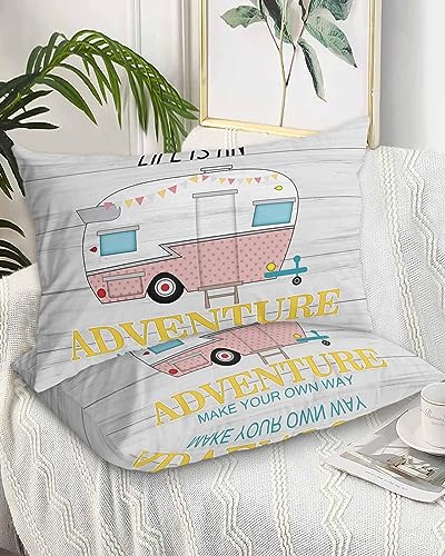 Edwiinsa Summer RV Travel Pillow Covers Standard Size Set of 2 20x26 Bed Pillow, Pink Polka Dots Truck Rustic Wood Plush Soft Comfort for Hair/Skin Cooling Pillowcases with Envelop Closure