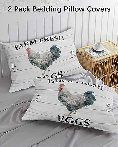 Edwiinsa Farmhouse Rooster Pillow Covers King Standard Set of 2 20x36 Bed Pillow, Farm Animals Rustic Oil Painting Wooden Plush Soft Comfort for Hair/Skin Cooling Pillowcases with Envelop Closure