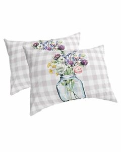 edwiinsa spring floral pillow covers king standard set of 2 20x36 bed pillow, summer colorful flower beige plaid plush soft comfort for hair/skin cooling pillowcases with envelop closure