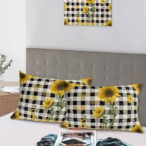 Summer Sunflower Pillow Covers Standard Size Set of 2 20x26 Bed Pillow, Black White Plaid Spring Floral Bee Rustic Wood Plush Soft Comfort for Hair/ Skin Cooling Pillowcases with Envelop Closure