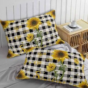 Summer Sunflower Pillow Covers Standard Size Set of 2 20x26 Bed Pillow, Black White Plaid Spring Floral Bee Rustic Wood Plush Soft Comfort for Hair/ Skin Cooling Pillowcases with Envelop Closure