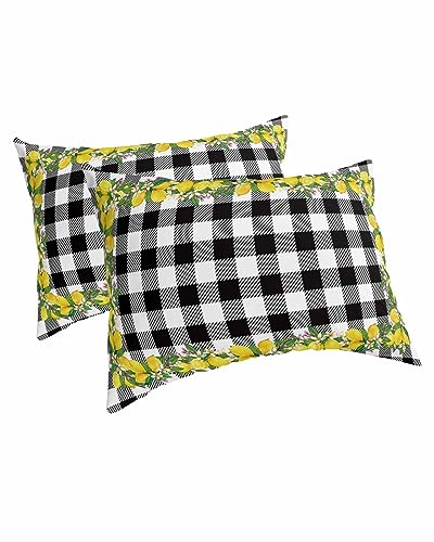Edwiinsa Summer Lemon Pillow Covers Standard Size Set of 2 20x26 Bed Pillow, Yellow Fruit Spring Floral Black Plaid Plush Soft Comfort for Hair/Skin Cooling Pillowcases with Envelop Closure