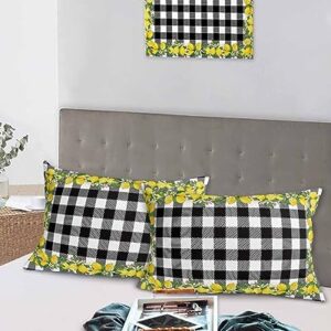 Edwiinsa Summer Lemon Pillow Covers Standard Size Set of 2 20x26 Bed Pillow, Yellow Fruit Spring Floral Black Plaid Plush Soft Comfort for Hair/Skin Cooling Pillowcases with Envelop Closure