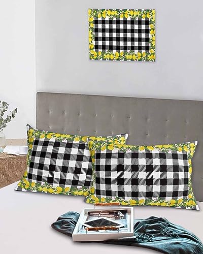 Edwiinsa Summer Lemon Pillow Covers Standard Size Set of 2 20x26 Bed Pillow, Yellow Fruit Spring Floral Black Plaid Plush Soft Comfort for Hair/Skin Cooling Pillowcases with Envelop Closure