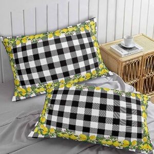 Edwiinsa Summer Lemon Pillow Covers Standard Size Set of 2 20x26 Bed Pillow, Yellow Fruit Spring Floral Black Plaid Plush Soft Comfort for Hair/Skin Cooling Pillowcases with Envelop Closure