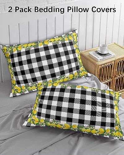 Edwiinsa Summer Lemon Pillow Covers Standard Size Set of 2 20x26 Bed Pillow, Yellow Fruit Spring Floral Black Plaid Plush Soft Comfort for Hair/Skin Cooling Pillowcases with Envelop Closure