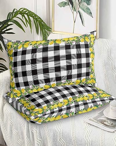 Edwiinsa Summer Lemon Pillow Covers Standard Size Set of 2 20x26 Bed Pillow, Yellow Fruit Spring Floral Black Plaid Plush Soft Comfort for Hair/Skin Cooling Pillowcases with Envelop Closure