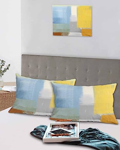 Edwiinsa Blue Yellow Pillow Covers King Standard Set of 2 20x36 Bed Pillow, Orange Oil Painting Modern Abstract Geometric Plush Soft Comfort for Hair/Skin Cooling Pillowcases with Envelop Closure