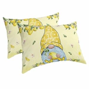 Edwiinsa Summer Lemon Pillow Covers Queen Size Set of 2 20x30 Bed Pillow, Spring Floral Gnomes Rustic Yellow Plush Soft Comfort for Hair/Skin Cooling Pillowcases with Envelop Closure