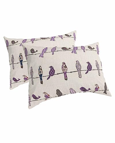 Edwiinsa Purple Grey Plaid Pillow Covers Standard Size Set of 2 20x26 Bed Pillow, Farmhouse Burlap Spring Floral Birds Plush Soft Comfort for Hair/Skin Cooling Pillowcases with Envelop Closure