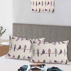 Edwiinsa Purple Grey Plaid Pillow Covers Standard Size Set of 2 20x26 Bed Pillow, Farmhouse Burlap Spring Floral Birds Plush Soft Comfort for Hair/Skin Cooling Pillowcases with Envelop Closure