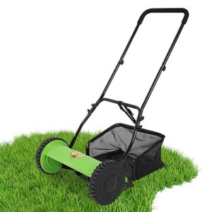 qxznby 15-inch manual lawn mowers push lawn mower reel mower adjustable cutting height with detachable grass catcher 5 steel blades 2 wheels easy to use for villas parks gardens lawn (green)