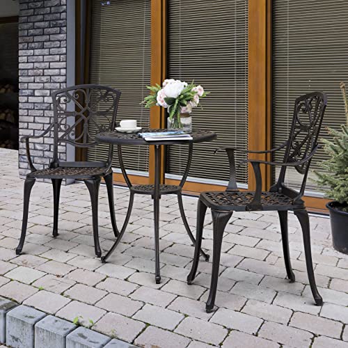 Nuu Garden 3 Piece Outdoor Bistro Table Set, All Weather Cast Aluminum Patio Bistro Sets Patio Table and Chairs Set of 2 with Umbrella Hole for Yard, Balcony, Black