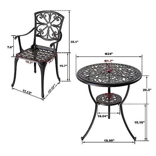 Nuu Garden 3 Piece Outdoor Bistro Table Set, All Weather Cast Aluminum Patio Bistro Sets Patio Table and Chairs Set of 2 with Umbrella Hole for Yard, Balcony, Black