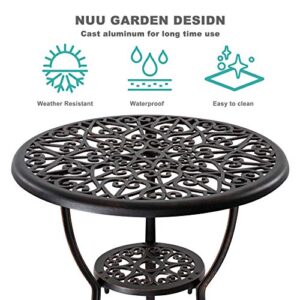 Nuu Garden 3 Piece Outdoor Bistro Table Set, All Weather Cast Aluminum Patio Bistro Sets Patio Table and Chairs Set of 2 with Umbrella Hole for Yard, Balcony, Black