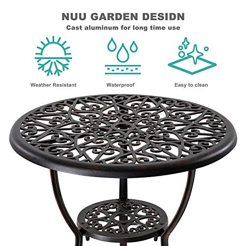 Nuu Garden 3 Piece Outdoor Bistro Table Set, All Weather Cast Aluminum Patio Bistro Sets Patio Table and Chairs Set of 2 with Umbrella Hole for Yard, Balcony, Black