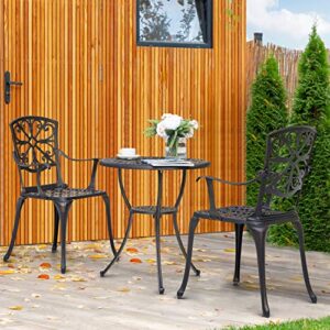 Nuu Garden 3 Piece Outdoor Bistro Table Set, All Weather Cast Aluminum Patio Bistro Sets Patio Table and Chairs Set of 2 with Umbrella Hole for Yard, Balcony, Black