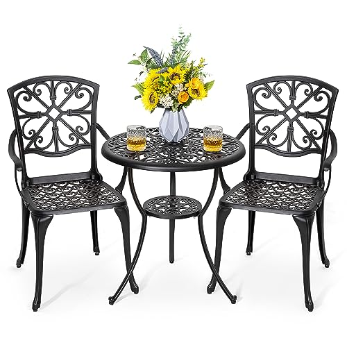 Nuu Garden 3 Piece Outdoor Bistro Table Set, All Weather Cast Aluminum Patio Bistro Sets Patio Table and Chairs Set of 2 with Umbrella Hole for Yard, Balcony, Black