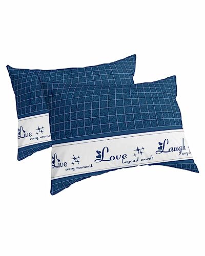 Edwiinsa Navy Blue Plaid Pillow Covers Standard Size Set of 2 20x26 Bed Pillow, Farmhouse White Live Love Laugh Plush Soft Comfort for Hair/Skin Cooling Pillowcases with Envelop Closure