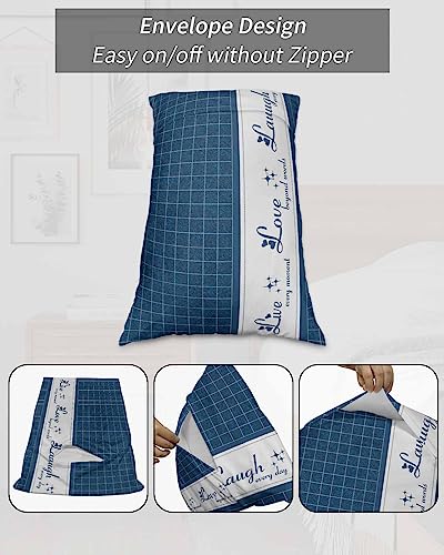 Edwiinsa Navy Blue Plaid Pillow Covers Standard Size Set of 2 20x26 Bed Pillow, Farmhouse White Live Love Laugh Plush Soft Comfort for Hair/Skin Cooling Pillowcases with Envelop Closure