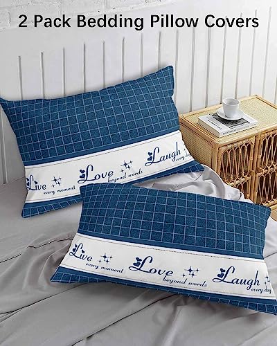 Edwiinsa Navy Blue Plaid Pillow Covers Standard Size Set of 2 20x26 Bed Pillow, Farmhouse White Live Love Laugh Plush Soft Comfort for Hair/Skin Cooling Pillowcases with Envelop Closure