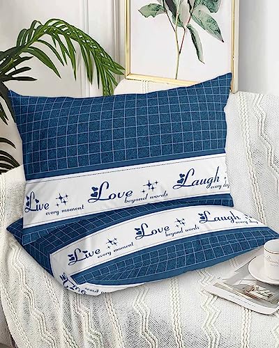 Edwiinsa Navy Blue Plaid Pillow Covers Standard Size Set of 2 20x26 Bed Pillow, Farmhouse White Live Love Laugh Plush Soft Comfort for Hair/Skin Cooling Pillowcases with Envelop Closure