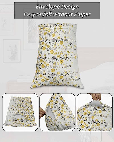 Weeping Flowers Pillow Covers King Standard Set of 2 20x36 Bed Pillow, Yellow Grey Summer Spring Floral Botanical Art Plush Soft Comfort for Hair/ Skin Cooling Pillowcases with Envelop Closure