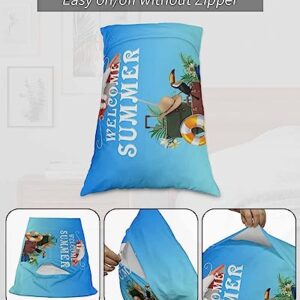 Edwiinsa Welcome Summer Pillow Covers Standard Size Set of 2 20x26 Bed Pillow, Blue Summer Beach Seaside Camping Plush Soft Comfort for Hair/Skin Cooling Pillowcases with Envelop Closure