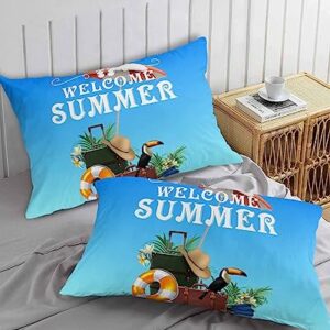 Edwiinsa Welcome Summer Pillow Covers Standard Size Set of 2 20x26 Bed Pillow, Blue Summer Beach Seaside Camping Plush Soft Comfort for Hair/Skin Cooling Pillowcases with Envelop Closure