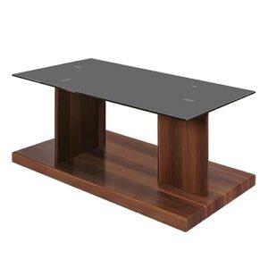 benjara liam 47 inch rectangular coffee table, wood, pedestal base, glass top, brown, black