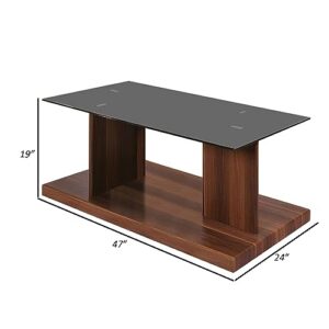 Benjara Liam 47 Inch Rectangular Coffee Table, Wood, Pedestal Base, Glass Top, Brown, Black