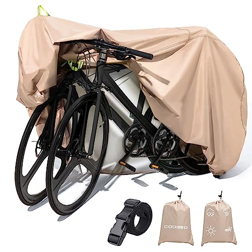 Bike Cover for 1 or 2 Bikes Outdoor Storage Waterproof Bicycle Cover for Transport on Rack, Rain Sun UV Dust Wind Proof with Wind-Secure Strap & Storage Bag, 420D Heavy Duty Bike Covers, Khaki