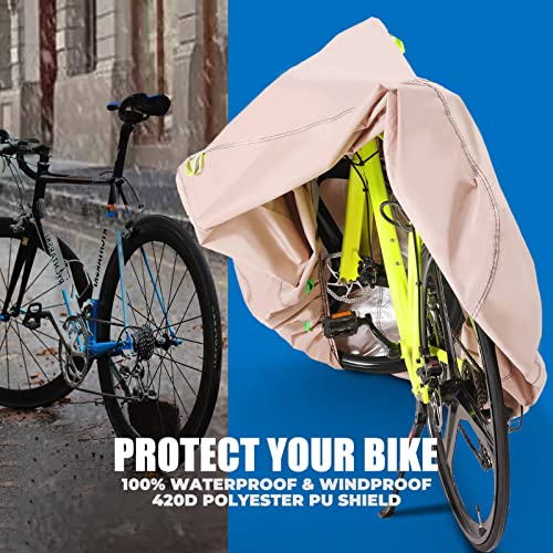 Bike Cover for 1 or 2 Bikes Outdoor Storage Waterproof Bicycle Cover for Transport on Rack, Rain Sun UV Dust Wind Proof with Wind-Secure Strap & Storage Bag, 420D Heavy Duty Bike Covers, Khaki