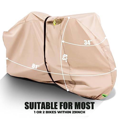 Bike Cover for 1 or 2 Bikes Outdoor Storage Waterproof Bicycle Cover for Transport on Rack, Rain Sun UV Dust Wind Proof with Wind-Secure Strap & Storage Bag, 420D Heavy Duty Bike Covers, Khaki