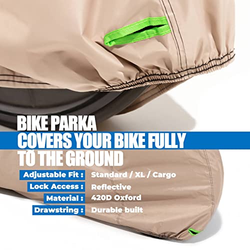 Bike Cover for 1 or 2 Bikes Outdoor Storage Waterproof Bicycle Cover for Transport on Rack, Rain Sun UV Dust Wind Proof with Wind-Secure Strap & Storage Bag, 420D Heavy Duty Bike Covers, Khaki