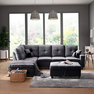 optough fabric sectional sofa living room furniture set, l-shape couch with left chaise, storage ottoman, and 2 pillows,gray