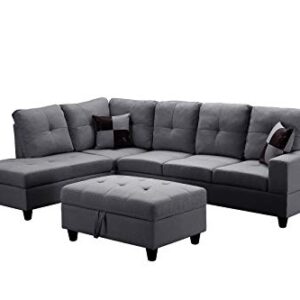 OPTOUGH Fabric Sectional Sofa Living Room Furniture Set, L-Shape Couch with Left Chaise, Storage Ottoman, and 2 Pillows,Gray