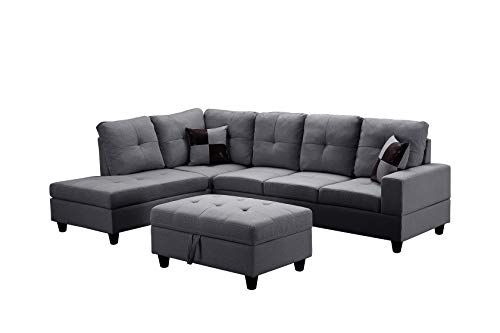 OPTOUGH Fabric Sectional Sofa Living Room Furniture Set, L-Shape Couch with Left Chaise, Storage Ottoman, and 2 Pillows,Gray