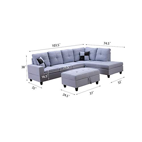 OPTOUGH Fabric Sectional Sofa Living Room Furniture Set, L-Shape Couch with Left Chaise, Storage Ottoman, and 2 Pillows,Gray